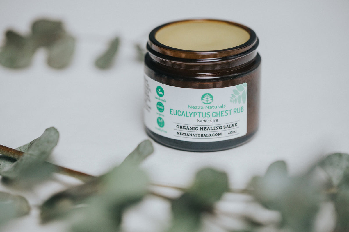 Jar of all-natural Eucalyptus Chest Rub with eucalyptus leaves in glass packaging