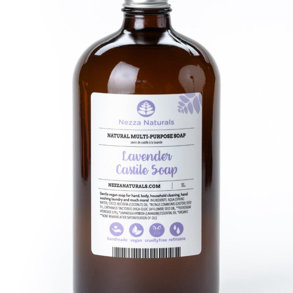 Lavender Castile Soap in glass packaging from Nezza Naturals