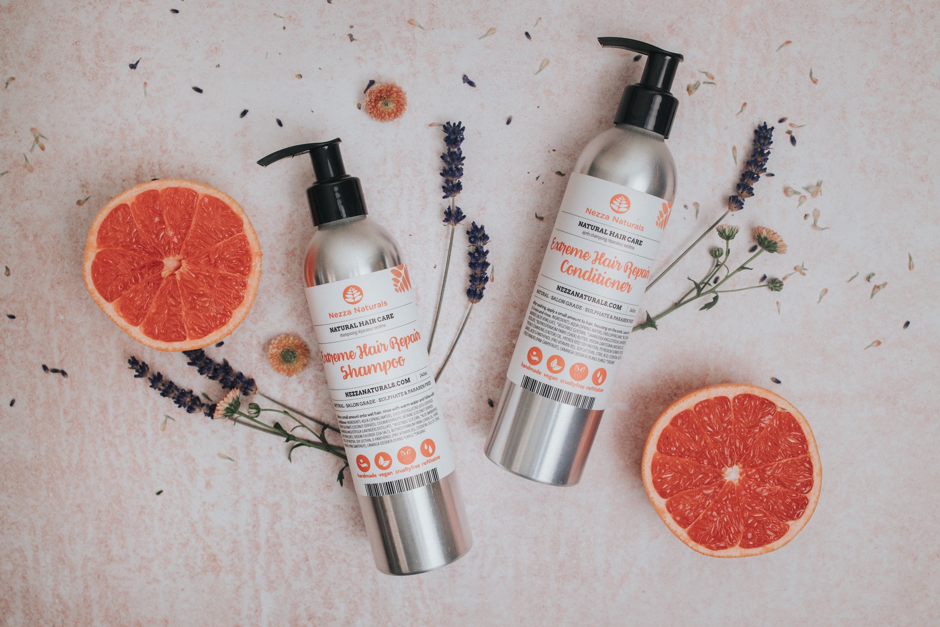 Nezza Natural Extreme Hair Repair Shampoo and Conditioner scented with lavender and grapefruit