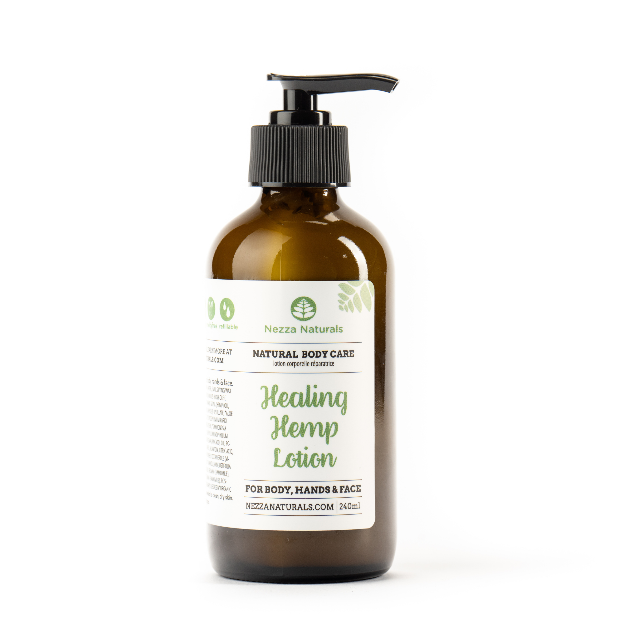 Nezza Naturals Healing Hemp Body Lotion in 240 mL bottle.