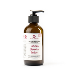 A glass bottle of Forest & Flowers Body Lotion with a pump dispenser, labeled with the Nezza Naturals brand.